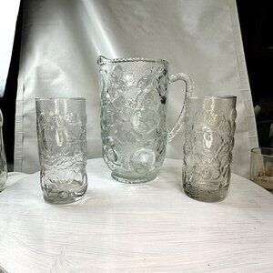 VTG Libbey Orchard Fruit Clear Pitcher + 2 Glasses Pressed Glass Raised Fruit
